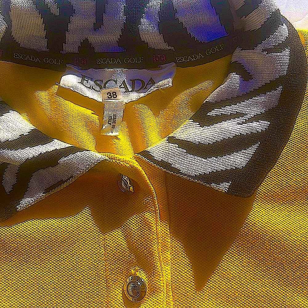 Yellow Escada Golf Polo. Wild Zebra Print Collar & Cuffs.